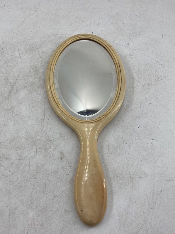 Tan Colored Deer Image Carved Oval-Shaped Portable Vanity Hand Mirror