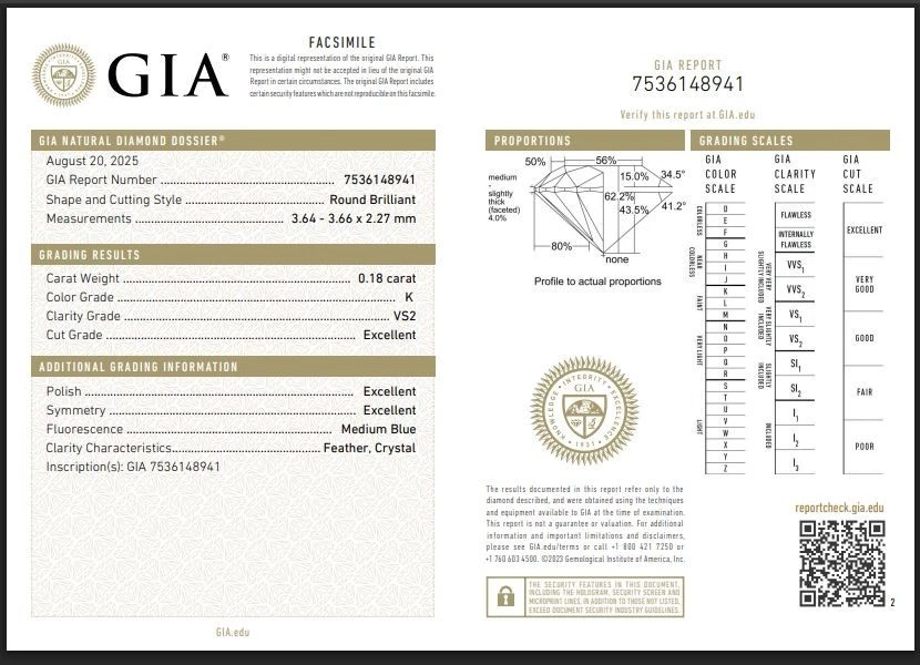 Triple Ex Loose Round Cut GIA Certified Natural Diamond 0.18 Ct Color K/VS Grade - Image 3 of 4