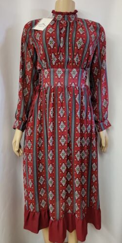 Angel. 3 RETRO Modest Secretary Style Burgundy Ruffled Cinched Midi Dress NWT #F