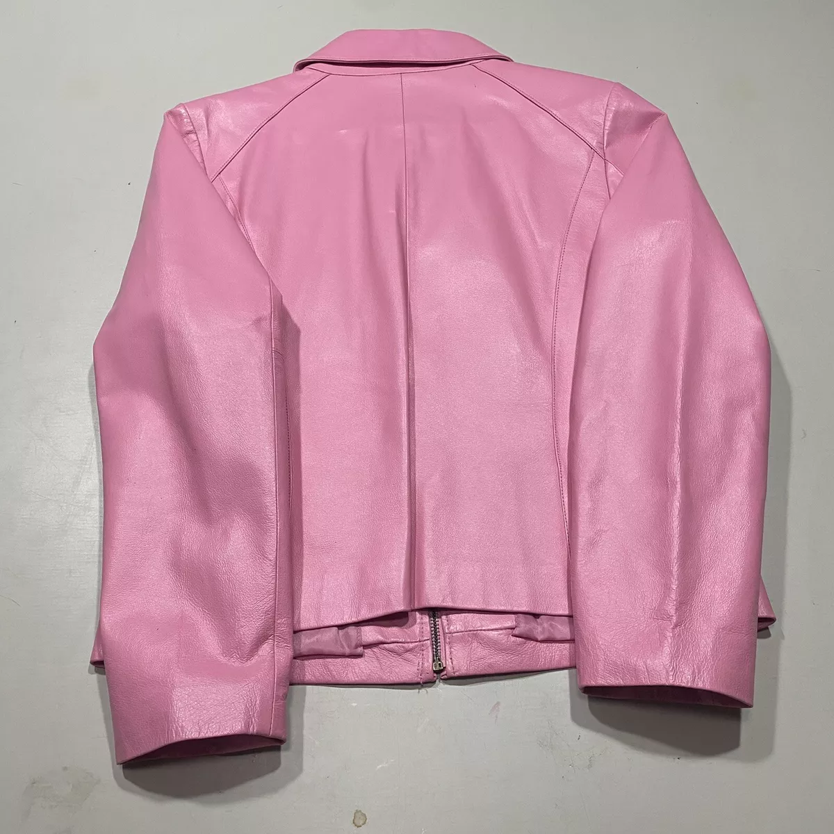 Bubble Gum Pink 100% Leather Moto Jacket Full Zip Black Rivet Womans Sz: L  | eBay