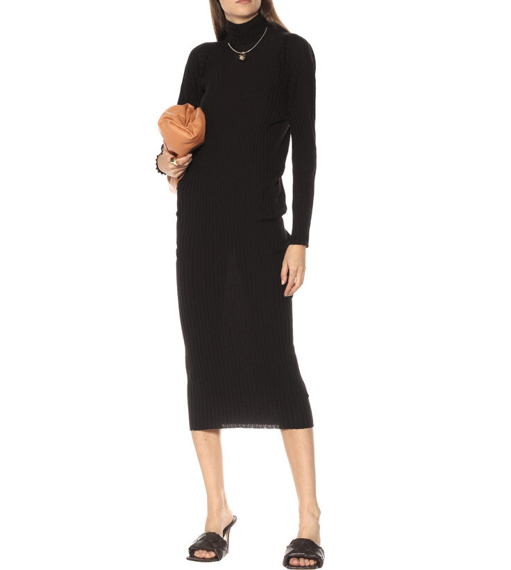 【送料&関税込】Bottega Veneta Ribbed Knit Dress Bottega Veneta Rib Turtleneck Midi Dress Bark Brown Cotton
