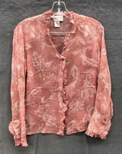Jones Wear Blouse 100% Silk Sheer Size 10 Paisley Feather Pink Ruffle V- Neck