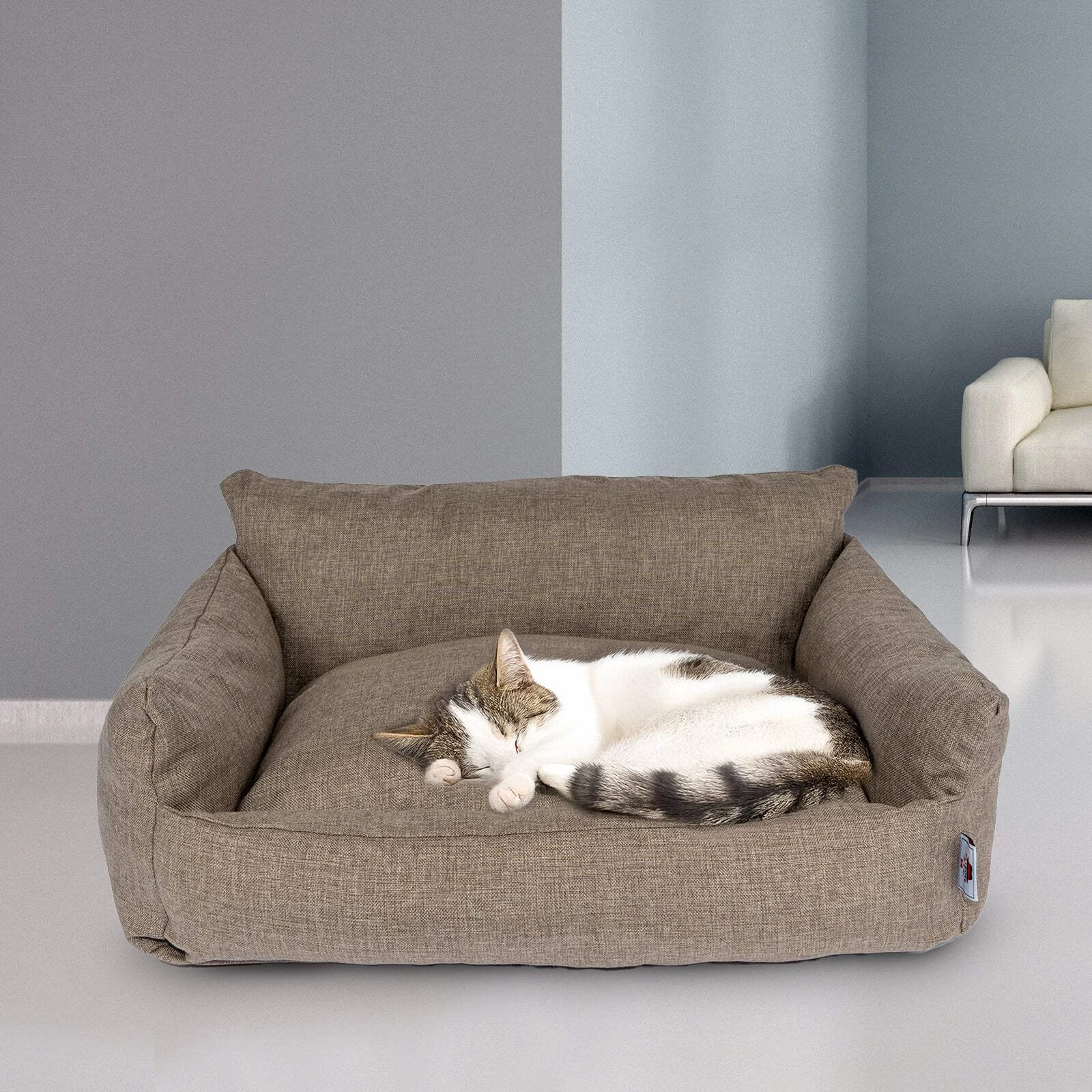 Brown Linen Dog & Cat Bed Removable Cover Zipped Washable Pet Sofa
