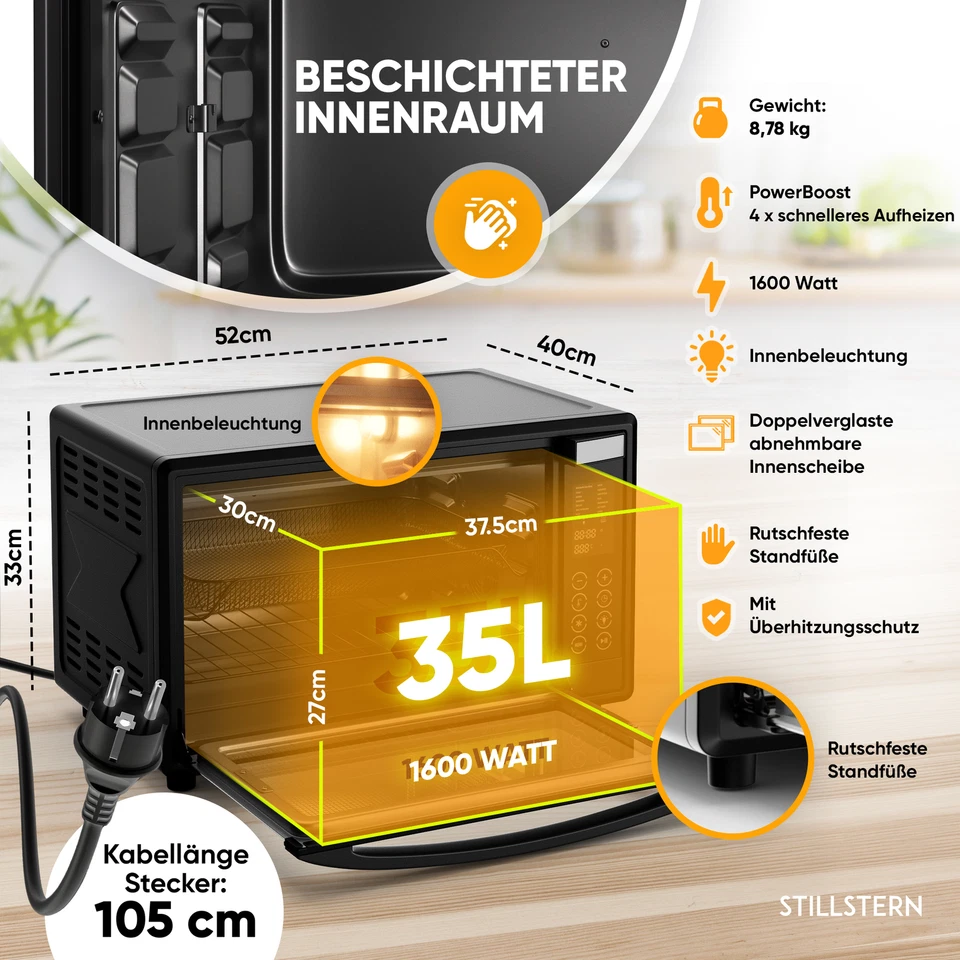 Mini-Backofen mit Umluft (35L) LED Display, Innenbeleuchtung, 1600W, DE Version - Bild 4 von 4