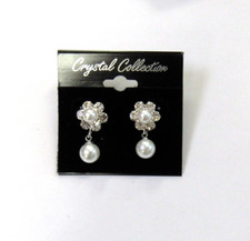 Silver Pearl Rhinestone Crystal Dangle Floral Drop Earrings Wedding Bridal 6917