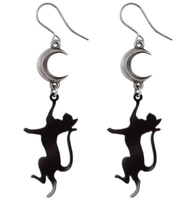 Feline Moon Dream Earrings Set, Droppers, Black Cat, Lunar, Alchemy England