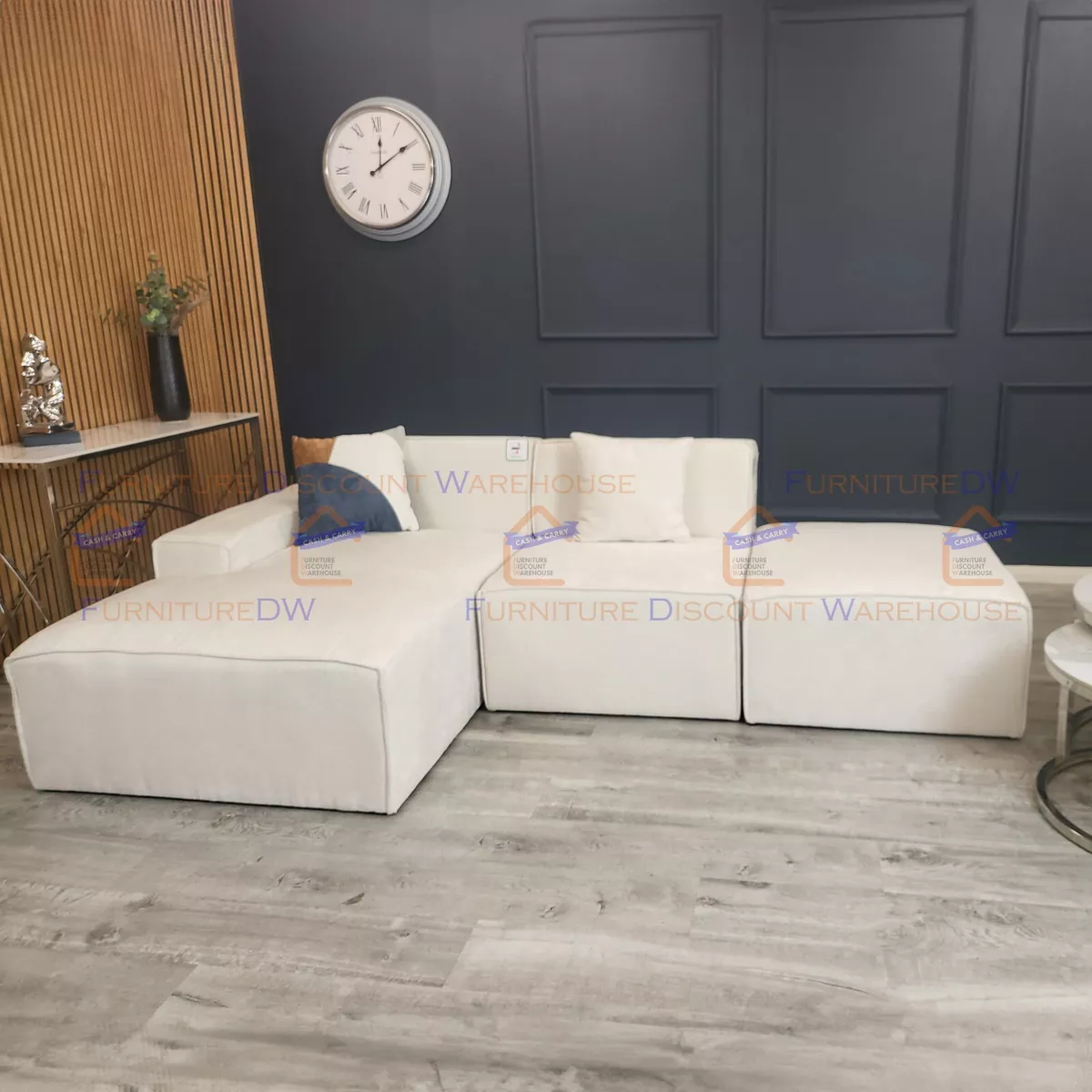Luxury 258cm Atlanta Cream White Chenille Left Hand Facing Corner 3 Seater Sofa