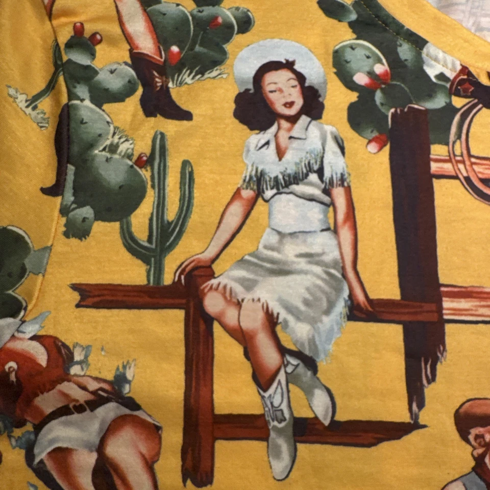 Camiseta estilo retro amarilla vaquera estilo pin-up cactus y caballos 2XL Foto 3 de 4