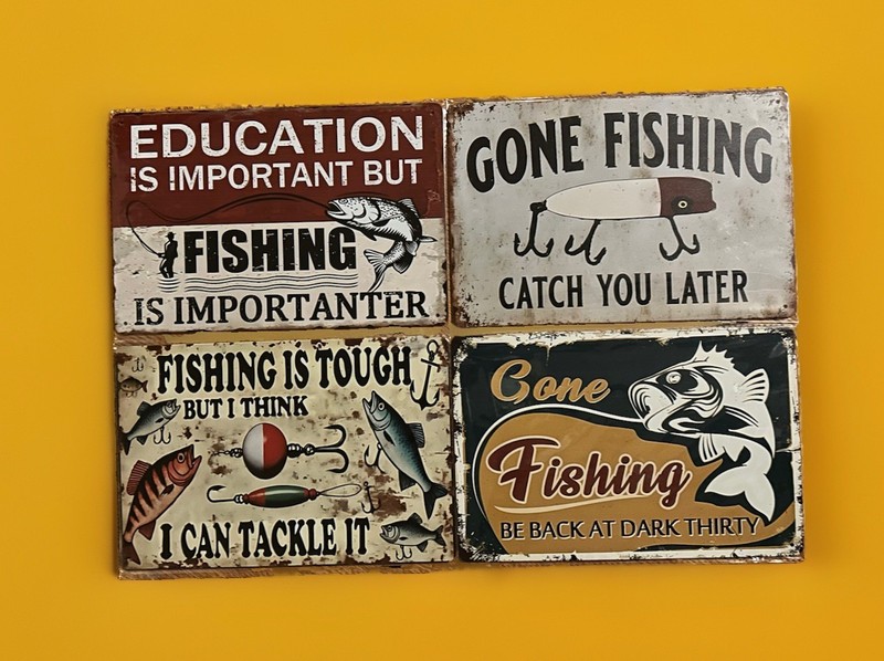Lot of 4 Funny Fishing Metal Signs Rustic Decor Gone Fishing Humor