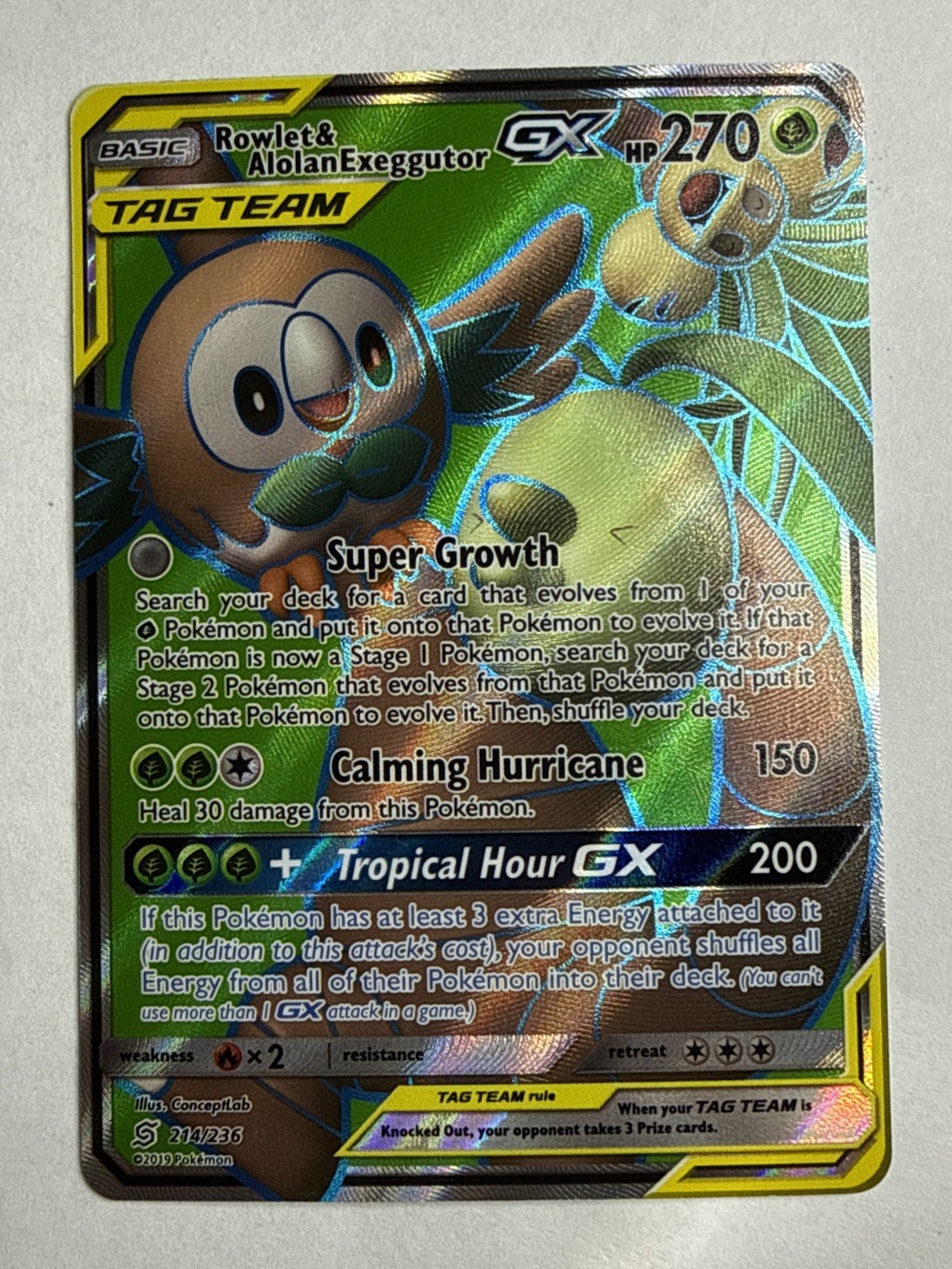 Pokémon Rowlet & Alolan Exeggutor GX 214/236 Ultra Rare Full Art Holo Tag Team