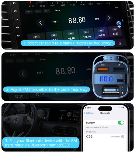 Bluetooth 5.4 FM Transmitter Car Adapter, 54W PD & QC3.0 USB Charger, Handsfr... - Bild 7 von 9