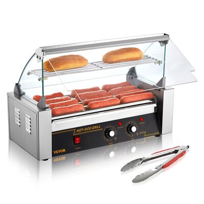 Commercial 5-Roller Hot Dog Machine 750W Stainless Steel with Bun Warmer Shelf