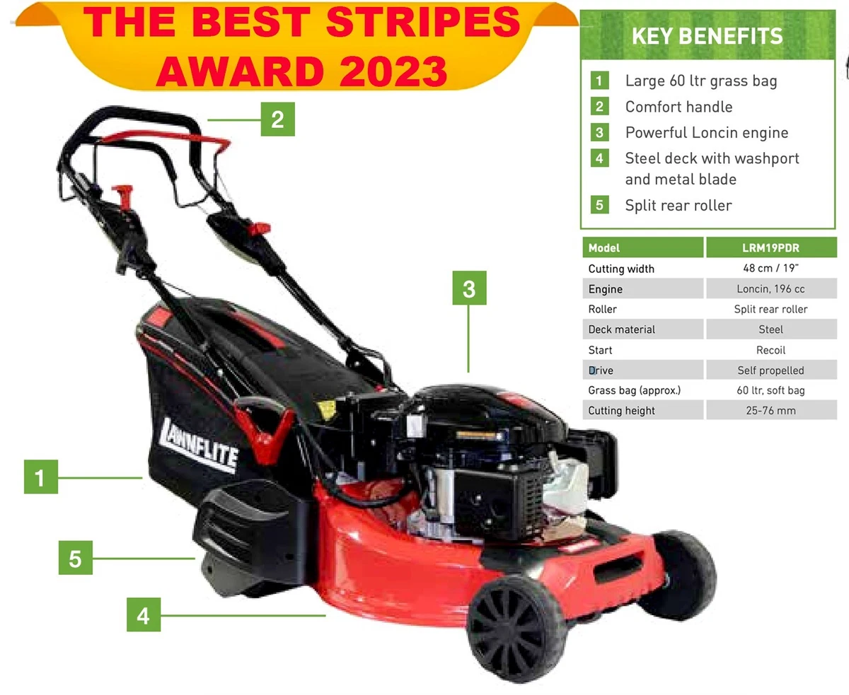 PETROL ROLLER MOWER SELF PROPELLED LAWNFLITE LRM19PDR 19 in 48cm Deck 196cc