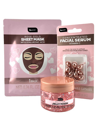 B-Pure Rose Gold Sheet Mask, Glitter Jelly Mask & Facial Serum Vitamin C Set