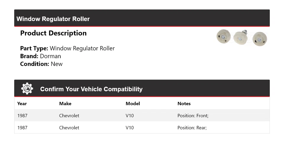 For 1987 Chevrolet V10 Dorman Window Regulator Roller - Image 2 of 4