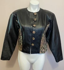 Echt Leder Black Leather Embroidered Floral Brocade 80s Crop Button Jacket S