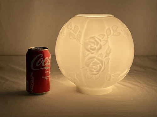 8" Antique Vtg Milk Glass Ball Oil Lamp Shade Globe GWTW Puffy Roses White 4"Fit