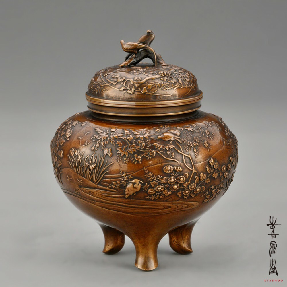 Koro Japanese Bronze Incense burner Takaoka Kacho Flower