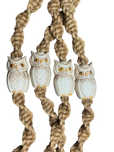 Vtg MCM Macrame Plant Hanger Lot Of 2 Porcelain Owl & Wood Bulb Planter 2 33” - Picture 8 of 17