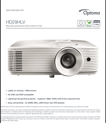 Optoma HD29HLV 4500 Lumens DLP Full HD Home Cinema Projector, lamp 127hrs, mint - Picture 18 of 19