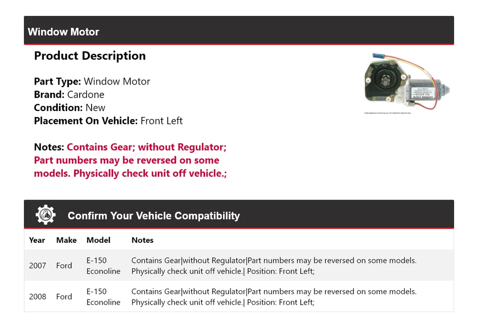 Motor de ventana delantero izquierdo cardone para Ford E-150 Econoline 2007-2008 Foto 2 de 4