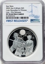 G. BRITAIN 2023 STAR WARS LUKE SKYWALKER & PRINCESS LEIA £5 SILVER COIN NGC PF70
