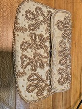 Vintage Beaded Clutch Faux Pearl Beads Champagne Color Snap Closure 8x5" Read