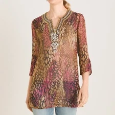 Chico's Womens Small Chico's 0 Embellished Animal-Print Silk Tunic