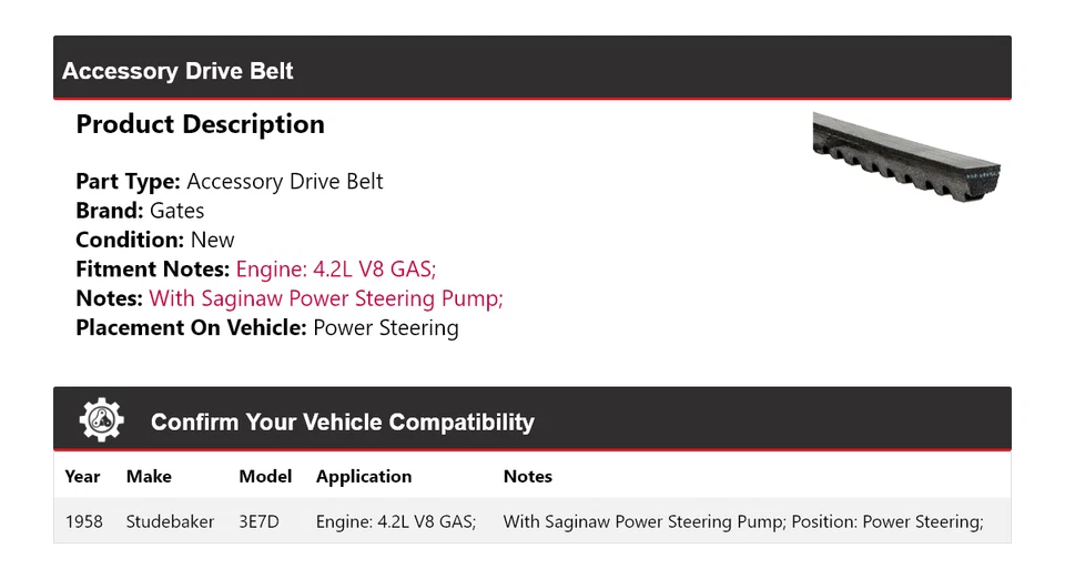 Para 1958 Studebaker 3E7D 4.2L V8 Accesorio Gas Correa de transmisión Puertas de dirección asistida Foto 2 de 4