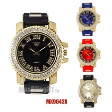 Watch Bling Gold Plated Iced Icy Simulated Diamond Analog Silicone Band Hip Hop
