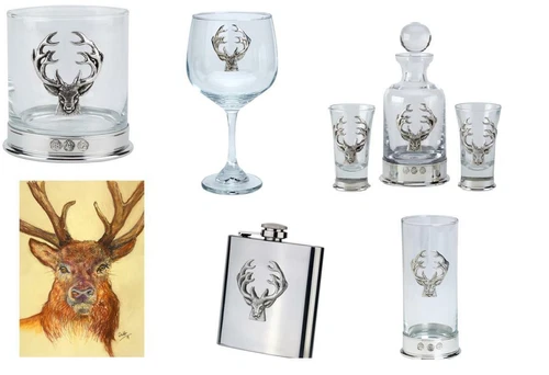 Pewterware base Stag Head whisky glass tumbler gin bowl decanter hip flask card