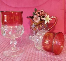 Vintage Indiana Glass Kings Crown Ruby Red Flash Goblets Thumbprint MCM Set of 2