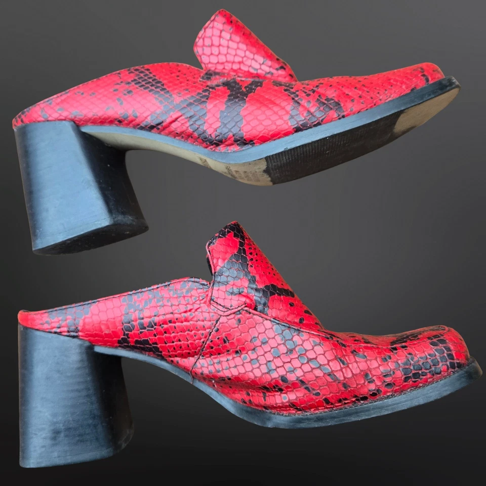 Vintage 90s Bata Chunky Mules US Size 7.5 Red Black Snake Print Leather Heels Foto 3 de 4