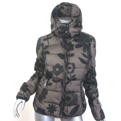 Authier Hooded Down Puffer Jacket Brown/Black Floral Print Size 46