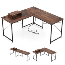 95" L-Shaped Reversible Computer Desk 2-Person Long Table Monitor Stand Rustic