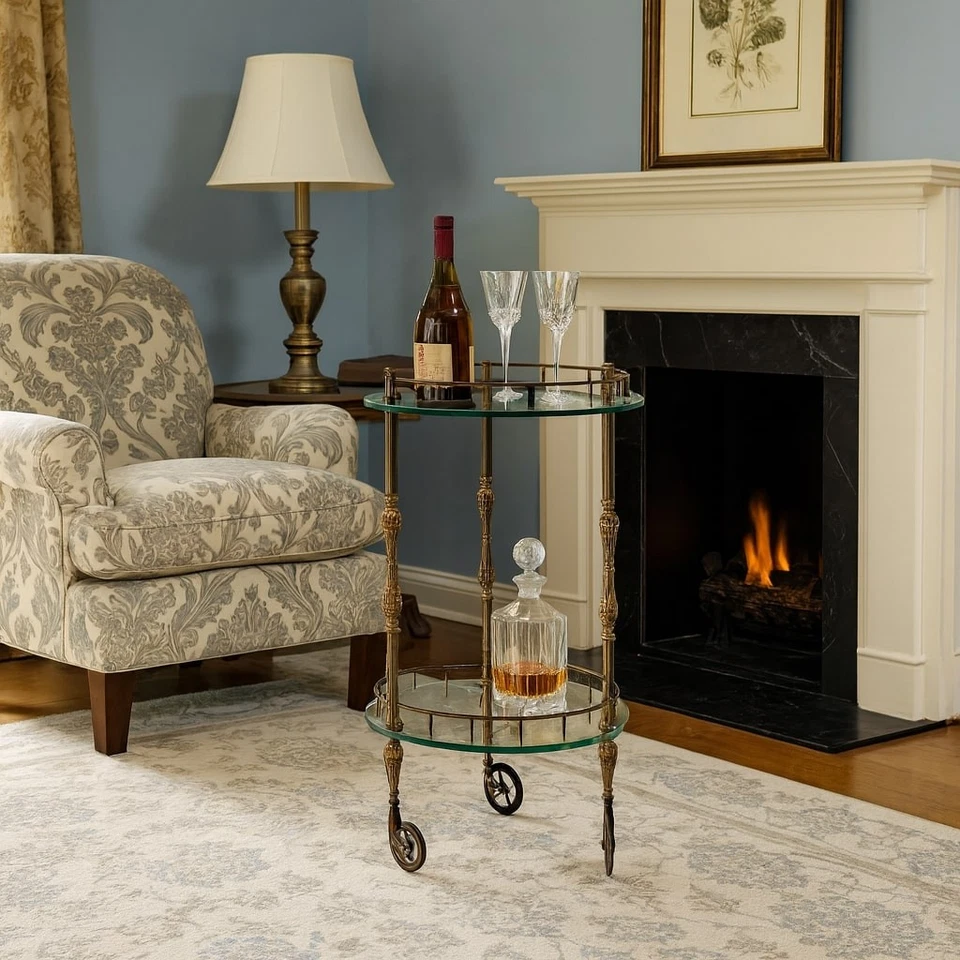 Carrello di Servizio Antico Bronzo Cristallo Ottone XX Secolo Originale - Immagine 2 di 4