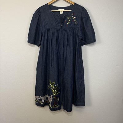 Bechamel Dress Womens Petite Medium Denim Embroidered Elephants Zip Pockets