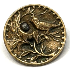 Antique Vintage BIRD w/Cut Steel "Egg" in Nest Brass Button - 11/16" (S33)