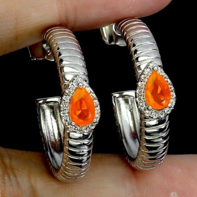 925 Sterling Silver Earrings Pear Orange Opal 6x4mm Natural Gemstone Jewelry