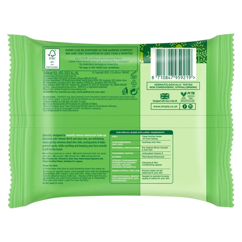 Simple Biodegradable Exfoliating Wipes 20 wipes, Kind To Skin, For Ali skin Type - Image 4 of 4