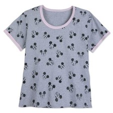Disney Store Women Mickey Mouse Allover Ringer Tee Shirt Top Gray New