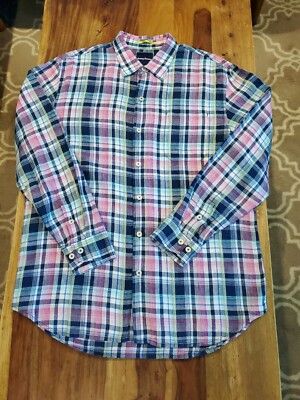 Tommy Bahama   Linen Shirt Men's L Multicolor Plaid Long Sleeve