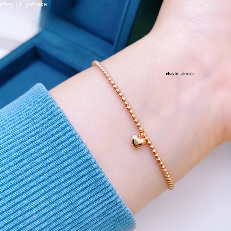 Solid 18K Rose Gold Pure Au750 Heart Charms 2mm Beads Bracelet 6.3+0.8inch - Image 2 of 3