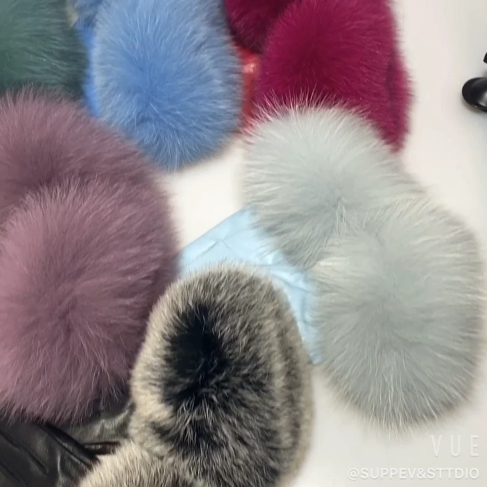 Guantes de cuero de piel de oveja real para mujer puños de piel de zorro guantes cálidos de invierno Foto 2 de 4