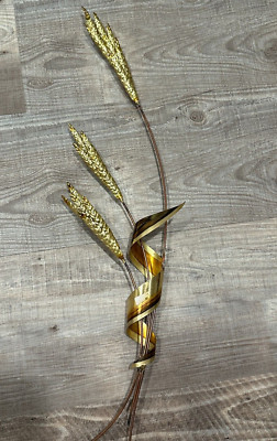 Vintage Metal Art Sculpture Wheat Stalk Branch Wall Hanging Brass Copper 33  MCM