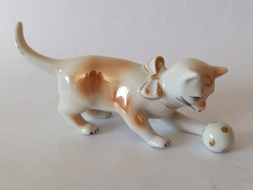 Statua vintage gatto porcellana firmata Cracovia Polonia con arte della palla anni '60 - Foto 23 di 23