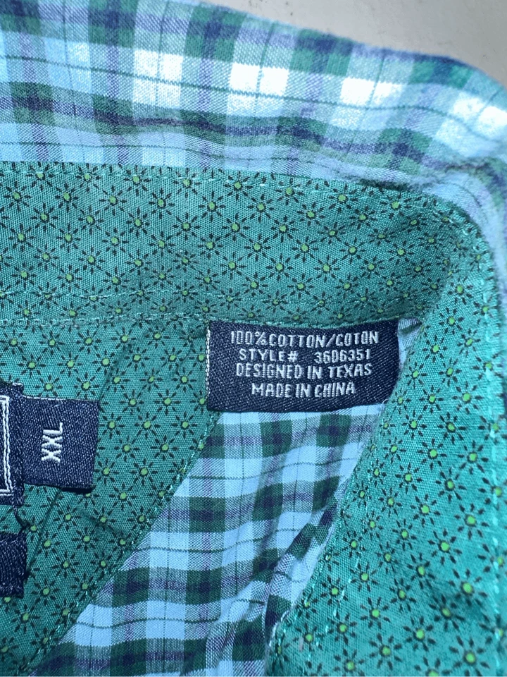Vintage Panhandle Slim Green Blue Checkered Plaid Button Down Shirt Men’s 2XL - Image 2 of 4