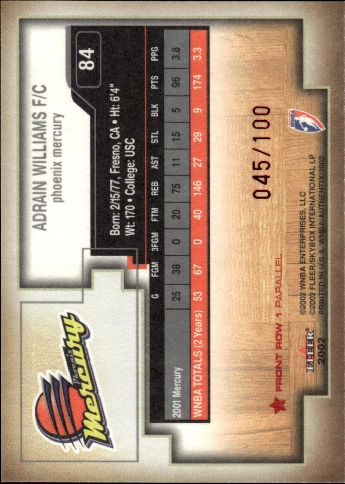 2002 Fleer Authentix WNBA Front Row #84 Adrain Williams 45/100 Phoenix Mercury - Image 2 of 2