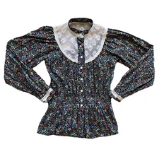 Vintage Jessica’s Gunnies Top Black Floral 70s Size 9 Lace Victorian Gunne Sax