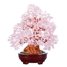 Feng Shui Natural Rose Quartz Crystal Money Tree Resin Base Healing Stones Bo...